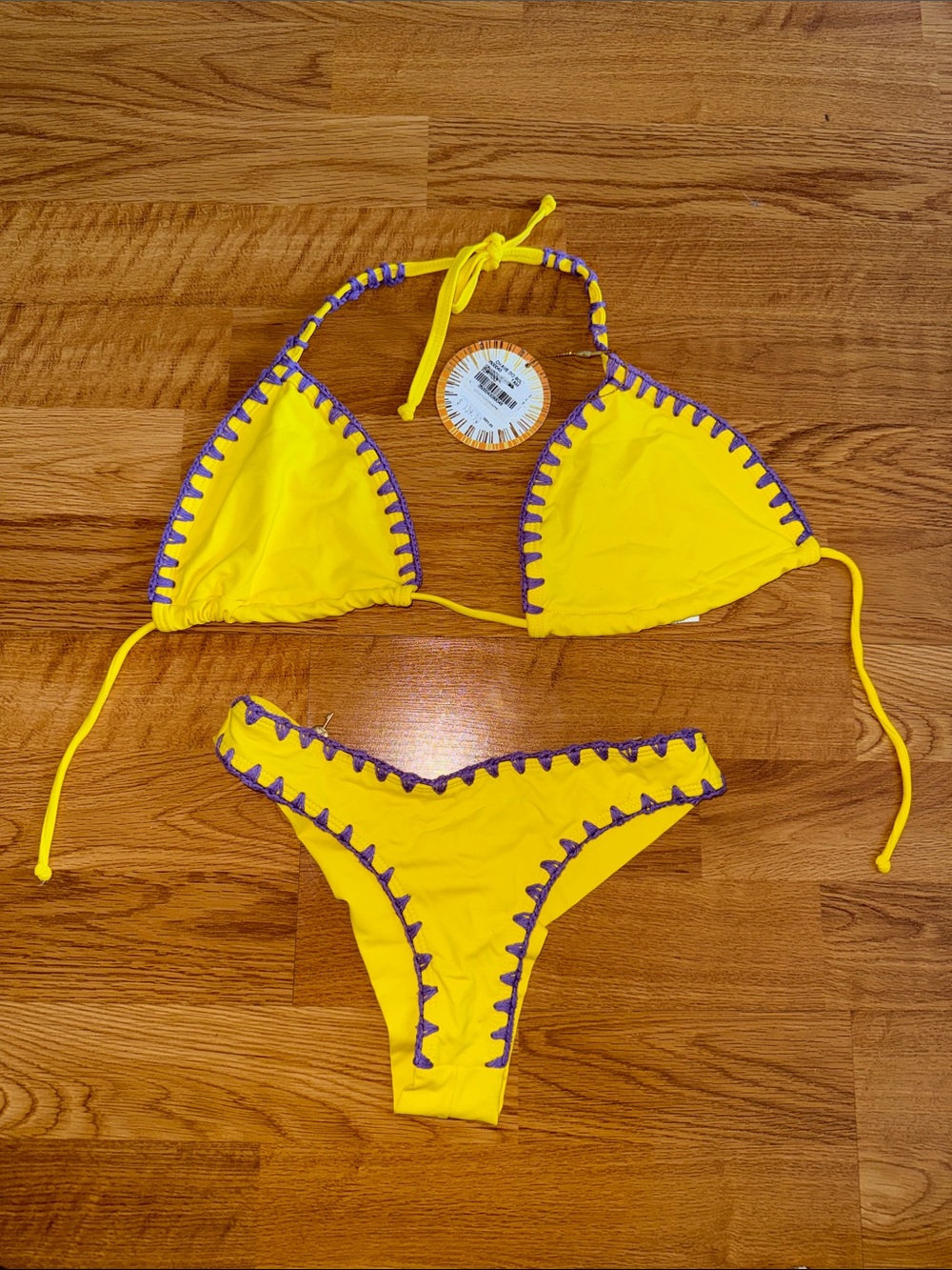 Chave Do Sol Brazilian Yellow Bikini with Purple Trim Two-Piece Swim Set